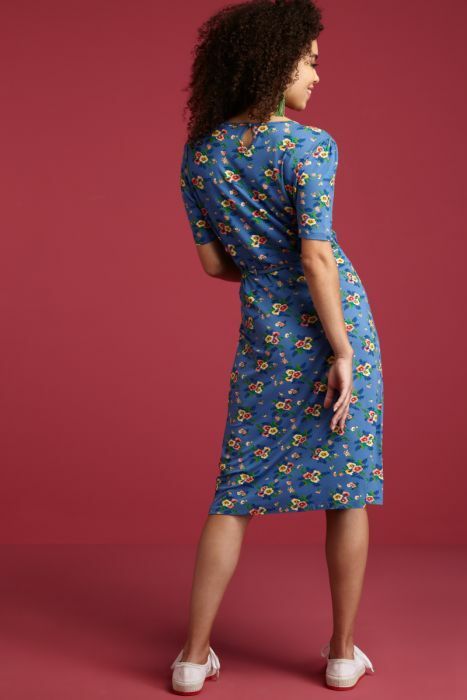 King Louie 03673 A-Line Blu Viscose Blend Floral Short Sleeve V-neck Dress