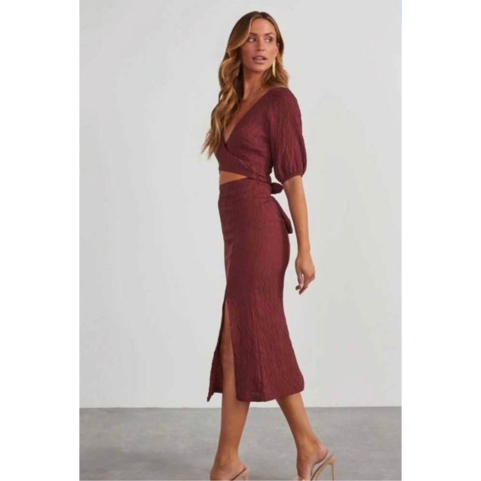 Fore Medium Brown Crinkle Front Tie Cut Out Bodycon Slit Dress NWOT