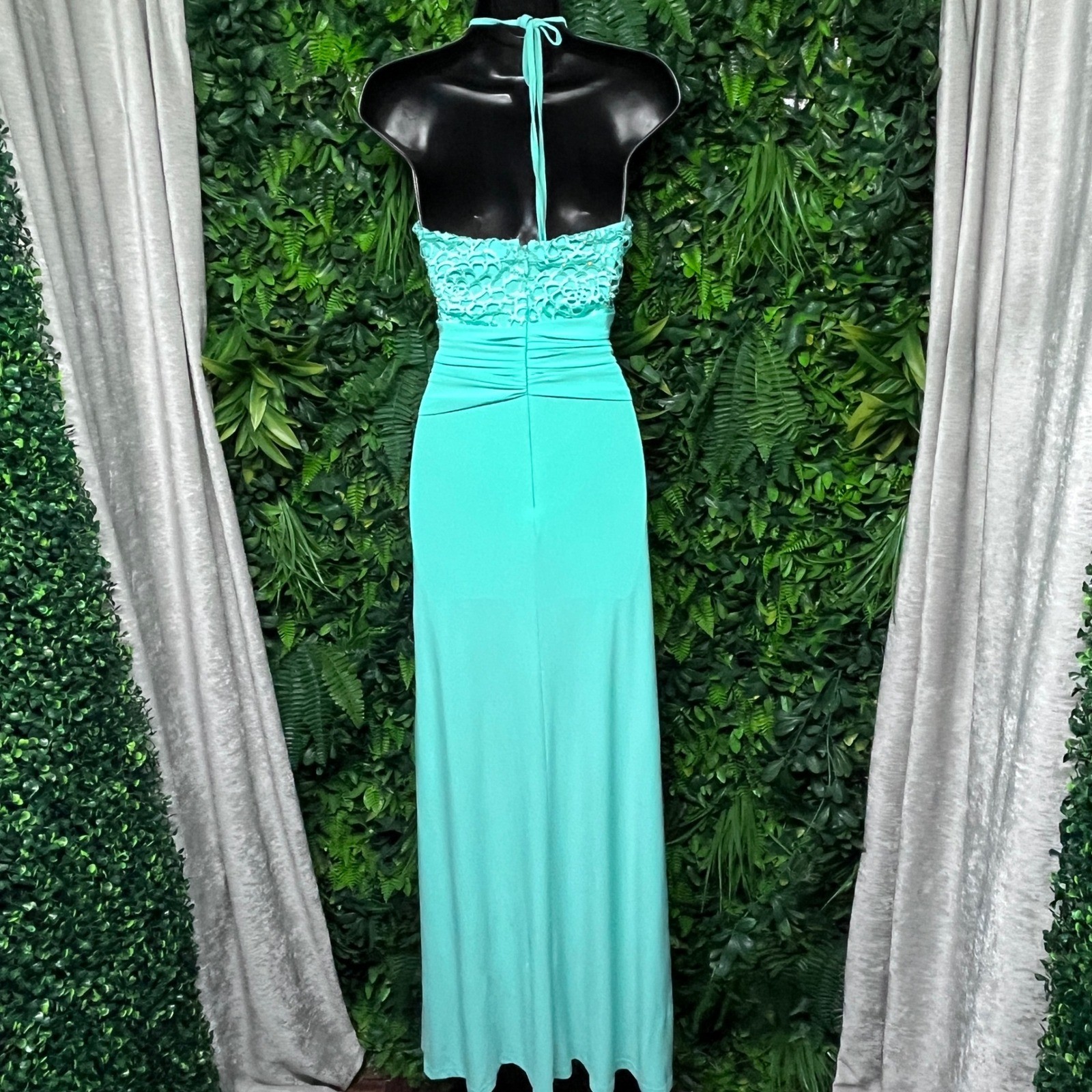 Va Va Voom Dress MediumTurquoise Halter Rhinestone Accent Knot Waist Maxi 3576