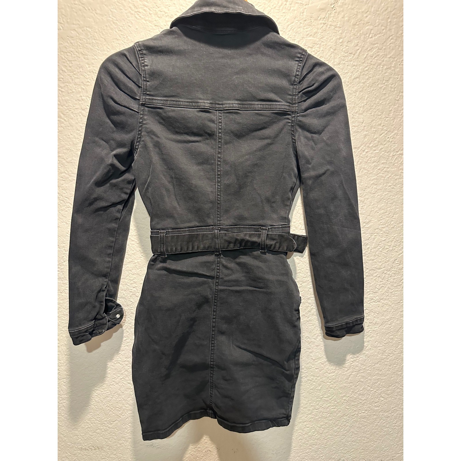 Parisian Black Denim Mini Dress Long Sleeve Button Front Belted Puff Shoulder 4