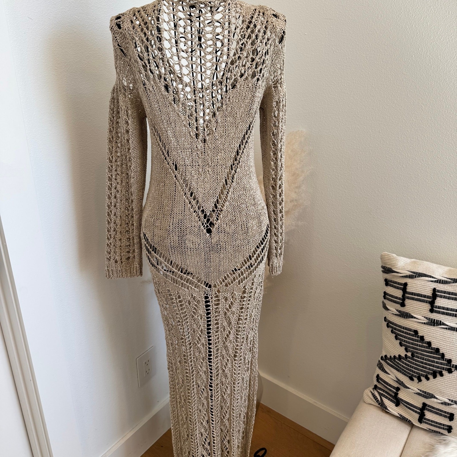 Woolnet Greece Metallic Bronze Gold Crochet Knit Maxi Dress Resortwear