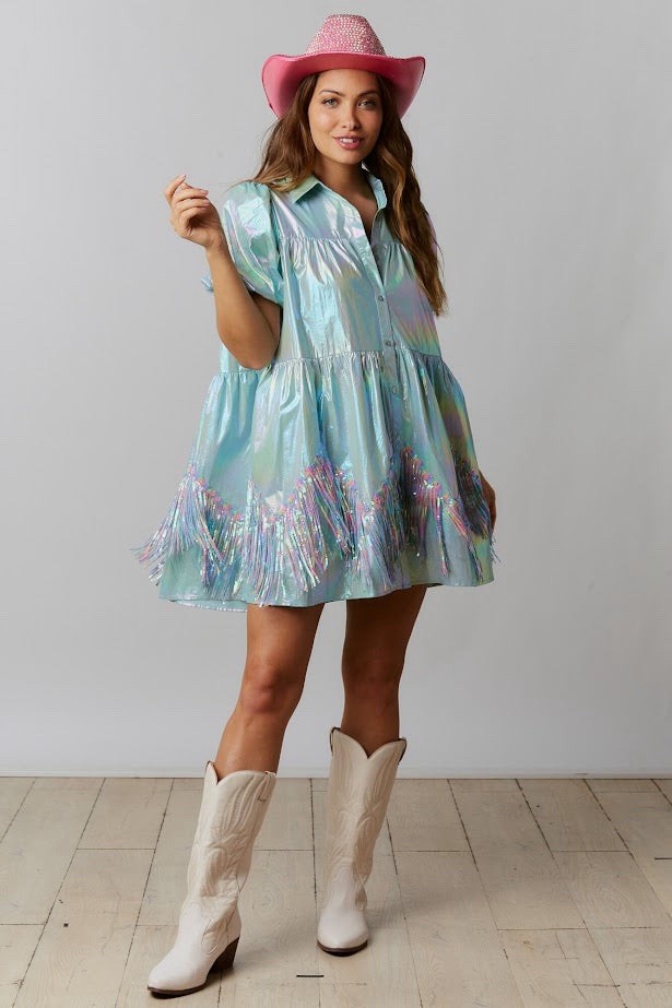 Fantastic Fawn Swiftie Dress Unicorn Pop Iridescent Sequin Fringe Baby Blue Holo