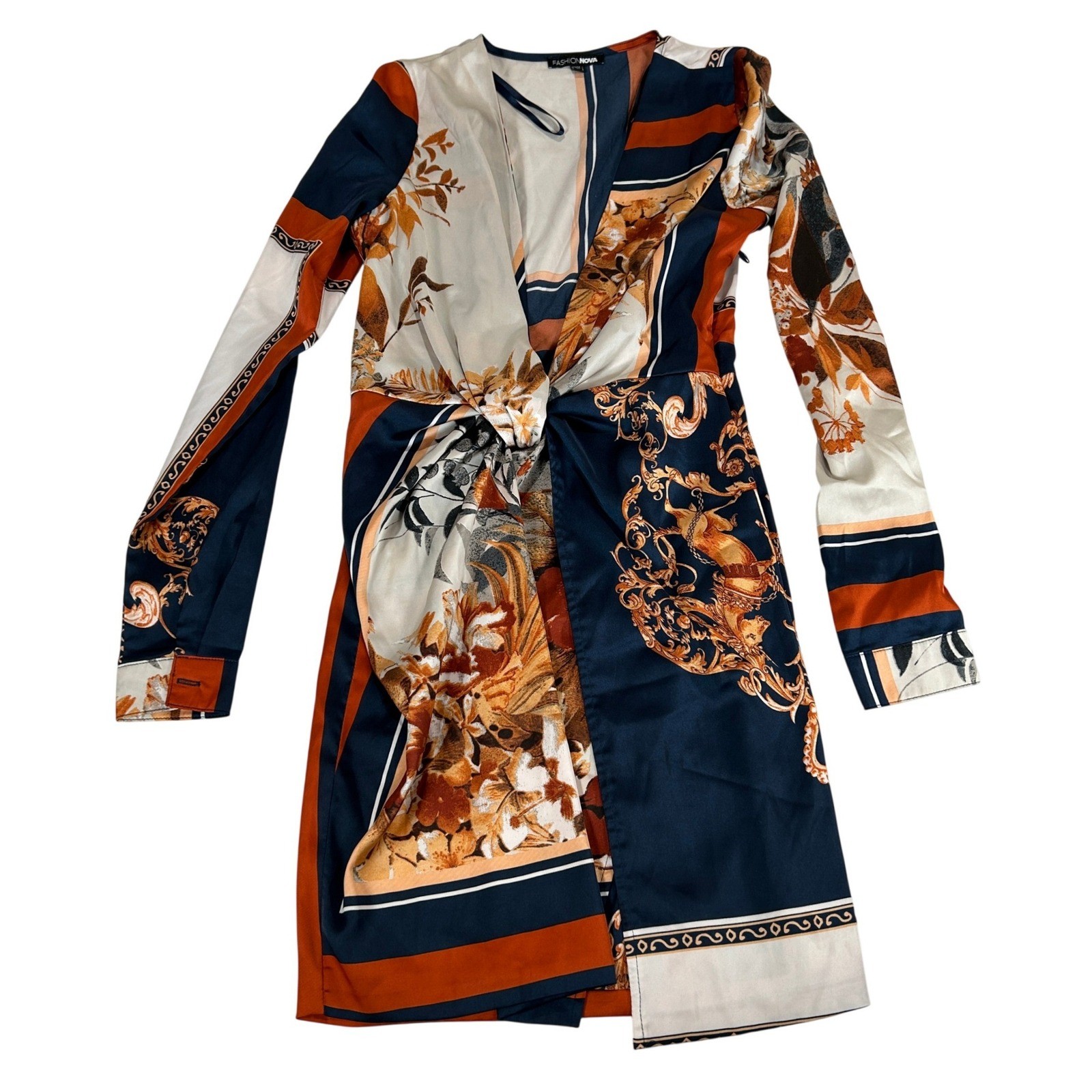 Fashion Nova Womens XS Baroque Scarf Print Long Sleeve V-Neck Mini Dress Navy