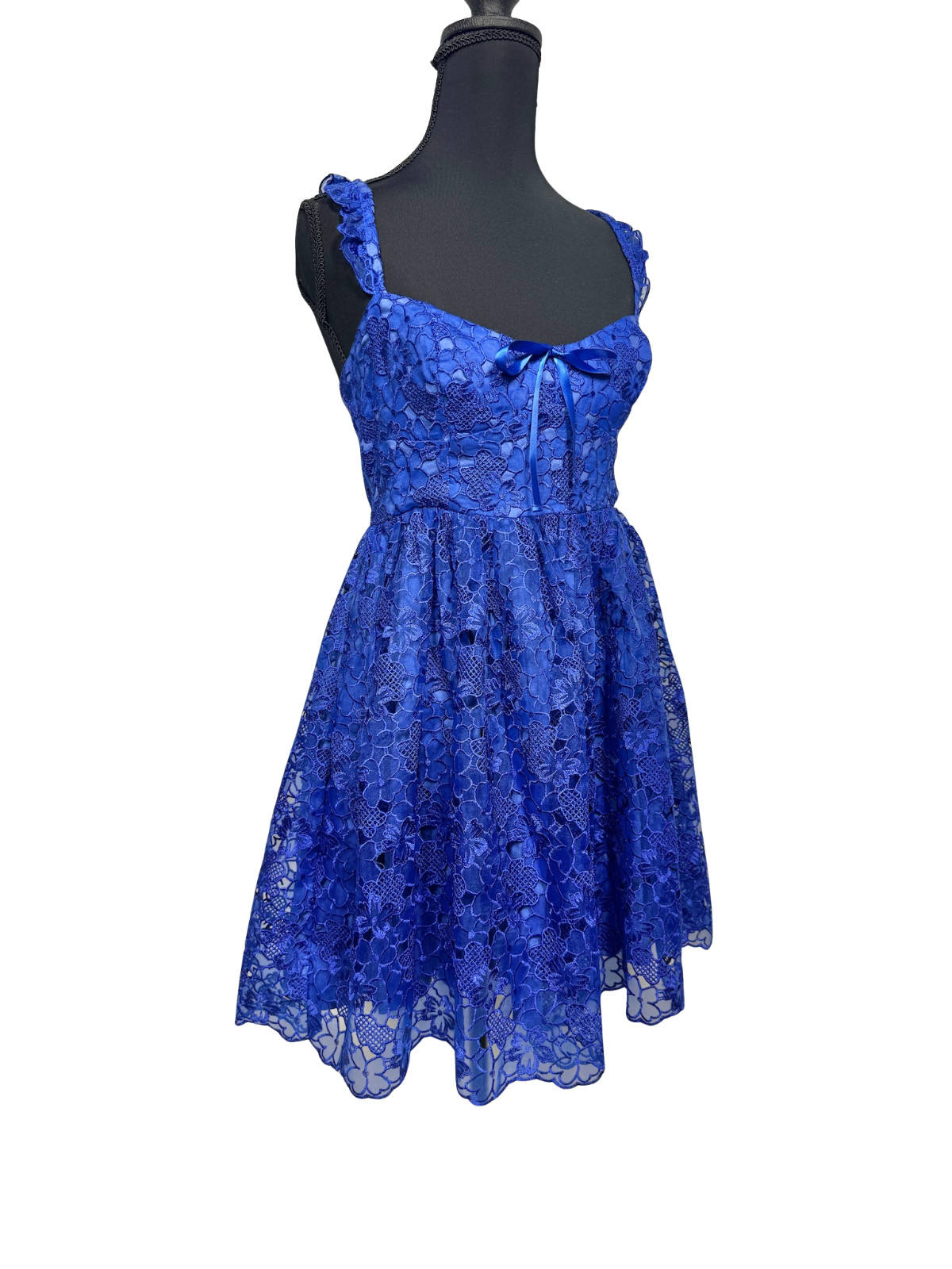 Anthropologie Ruffle-Strap Corset Lace Mini Dress M Blue Bow Sweetheart NWT