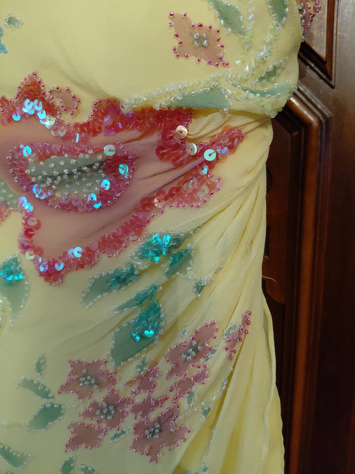 Vintage Cache Yellow Dress Maxi Beaded Floral Gown 2 S Silk Y2K Glam Evening