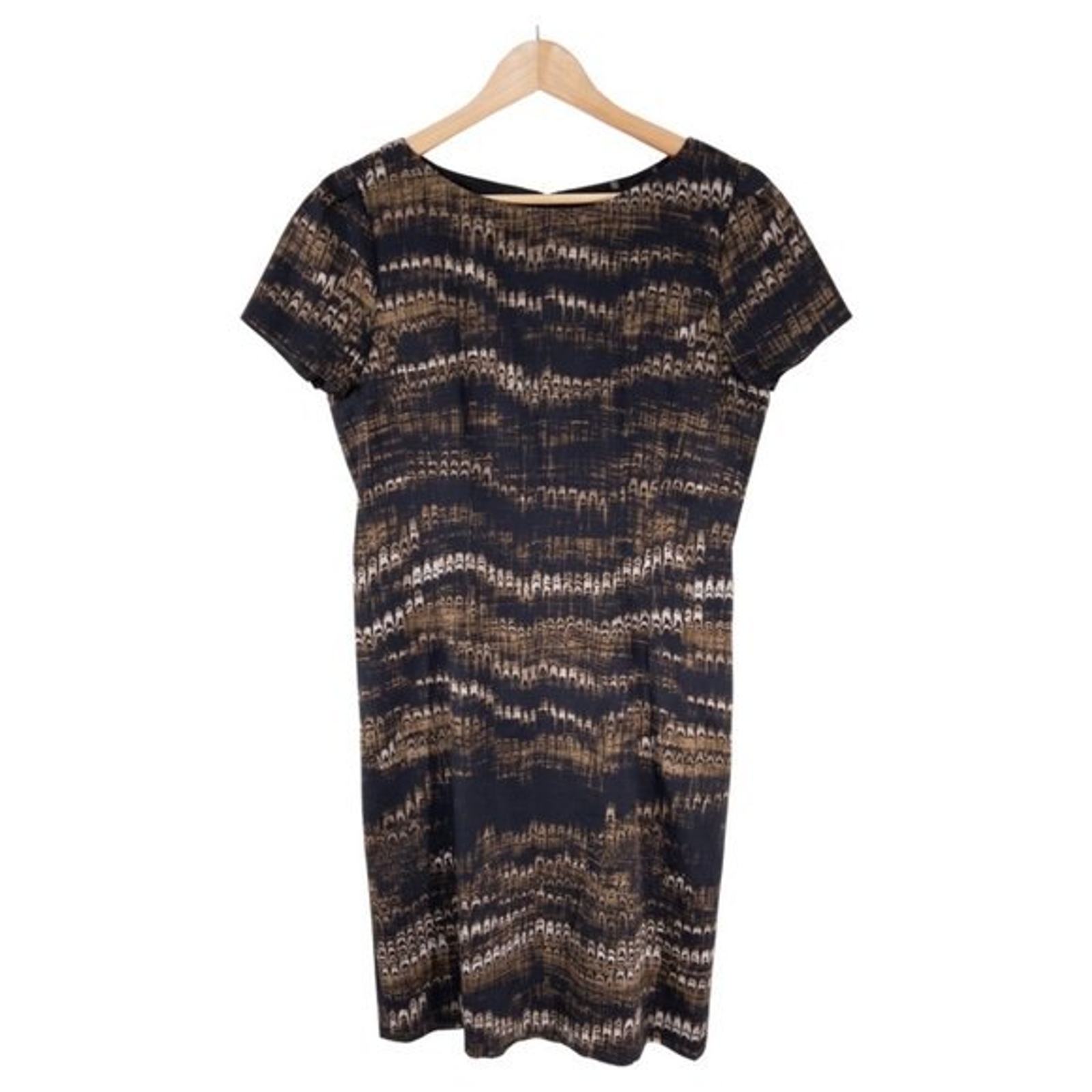 Elie Tahari Sheath Dress Size 10 Navy Gold Abstract Print Short Sleeve Womens
