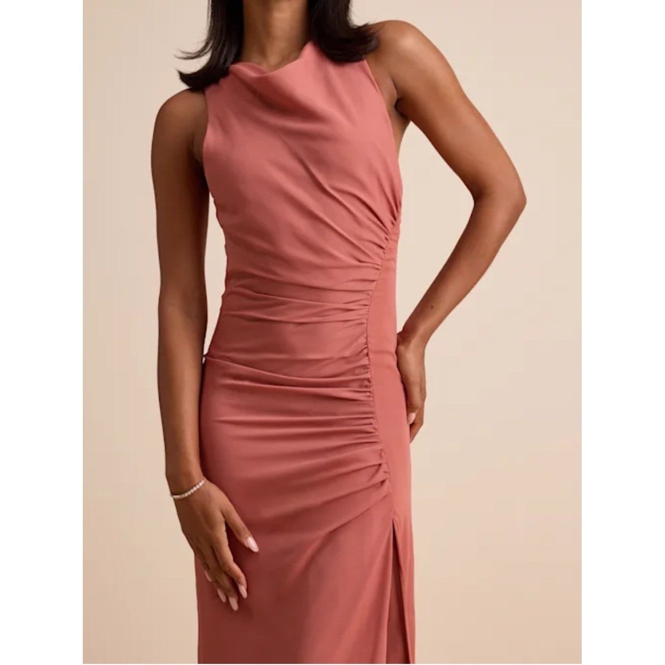 NWT-Mikaila Rusty Rose Cowl Neck Ruched Column Maxi Dress