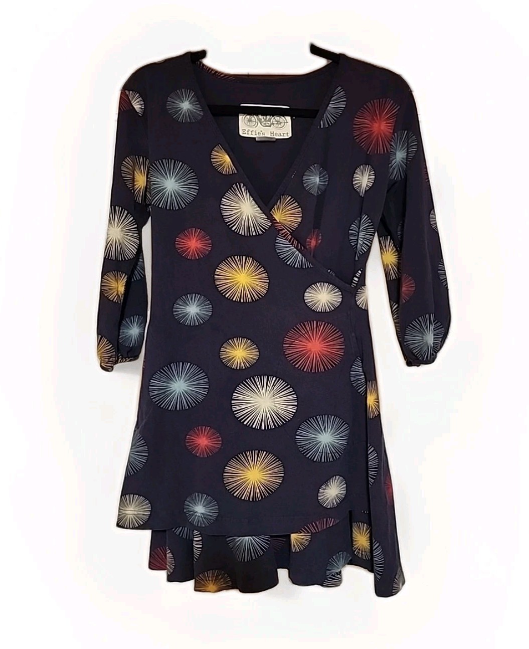 Effie’s Heart Faux Wrap Dress size L Fete Print Cotton Blend Pockets Stretch R3