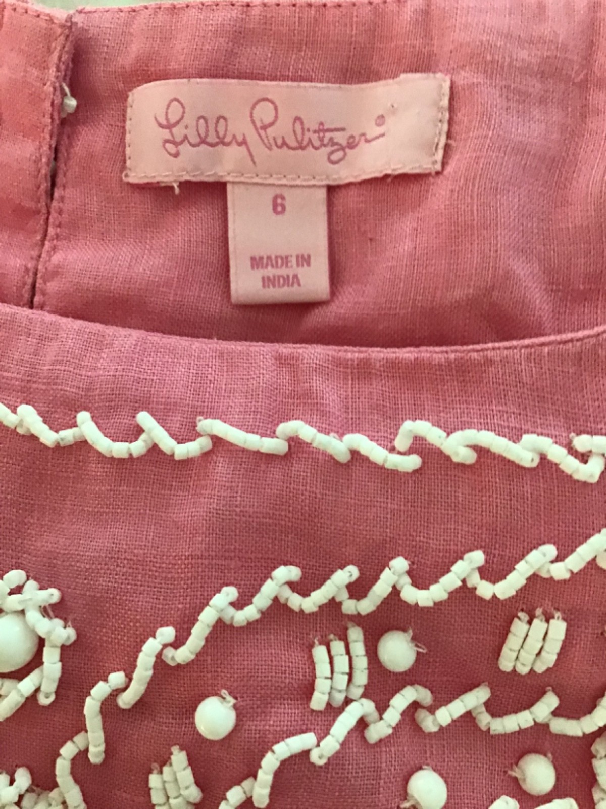 Lilly Pulitzer Rawley Linen Shift Dress Size 6 Pink Beaded White Embroidered
