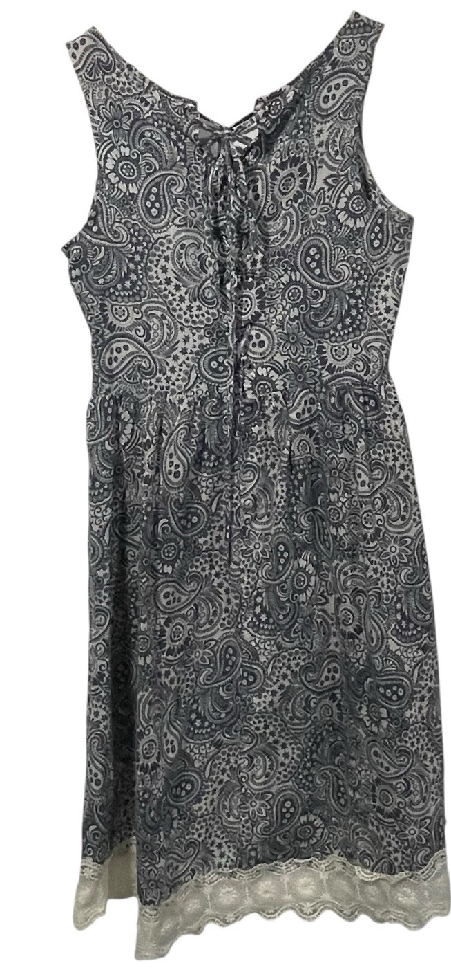 Doe & Rae Womens Lightweight Blue Paisley Dress Lace Up Back Lace Trim Sz S`