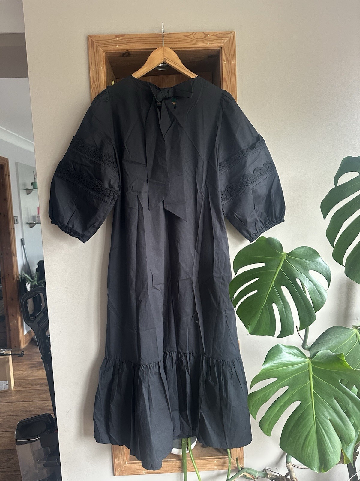 BNWT Oliver Bonas Black Tie Back Poplin Cotton Midi Dress Broderie Lace UK 10 38