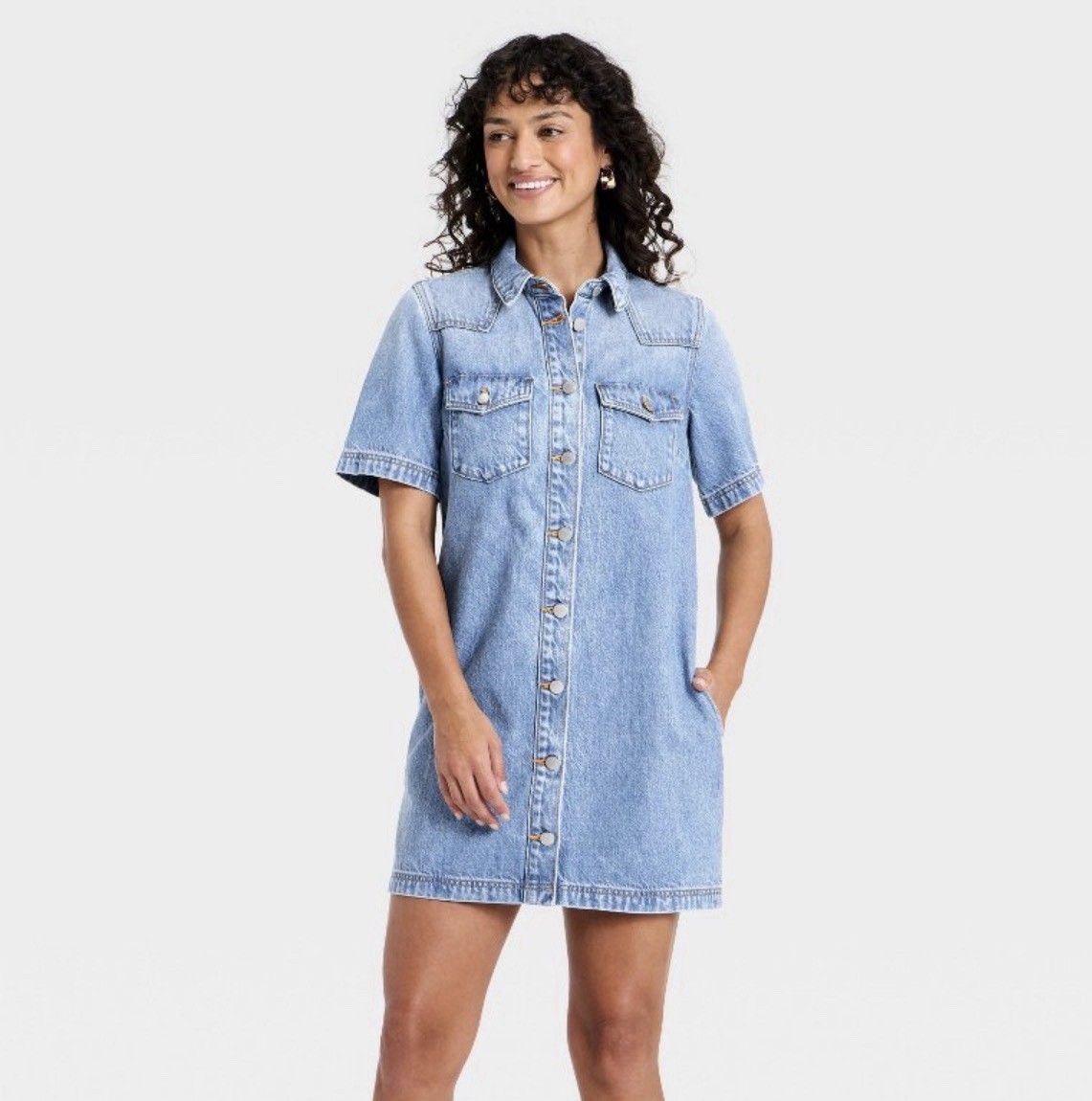 Universal Thread Women’s Denim Dress Medium Wash M Button-Front Collared Pockets
