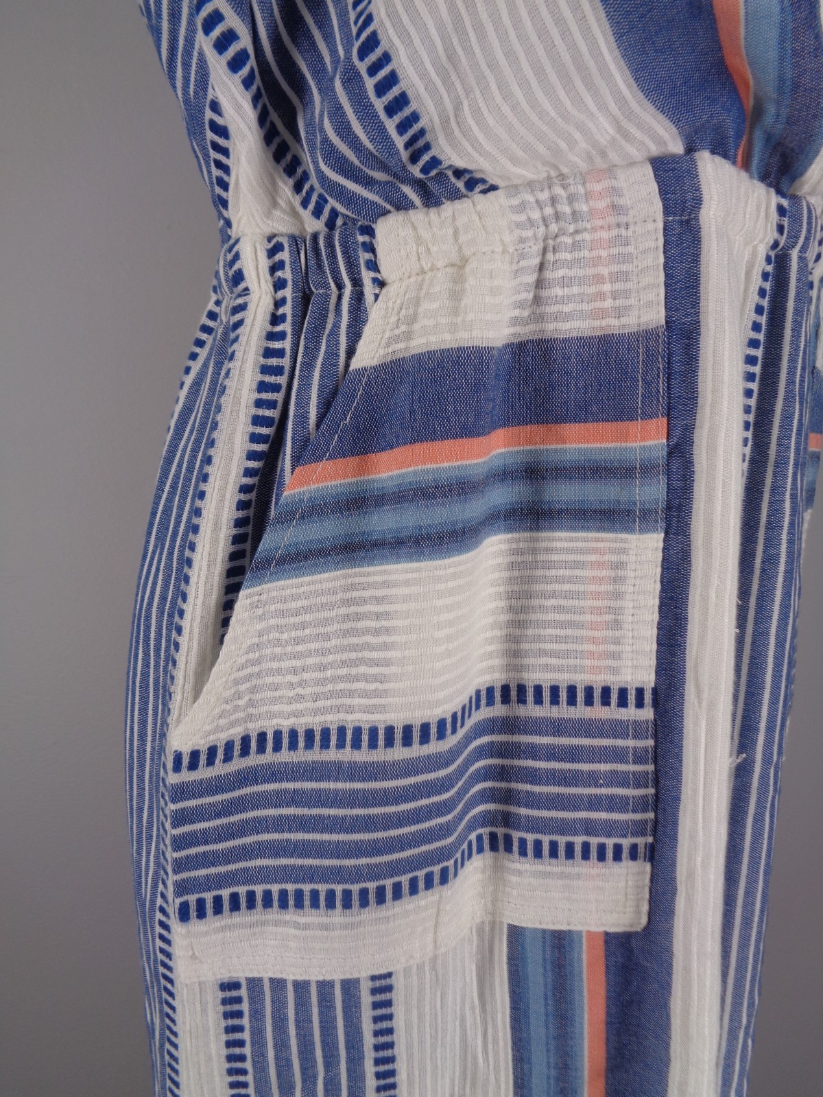 THML Stripe Pom Pom Tie Neck Dress Size Small White Blue Coral