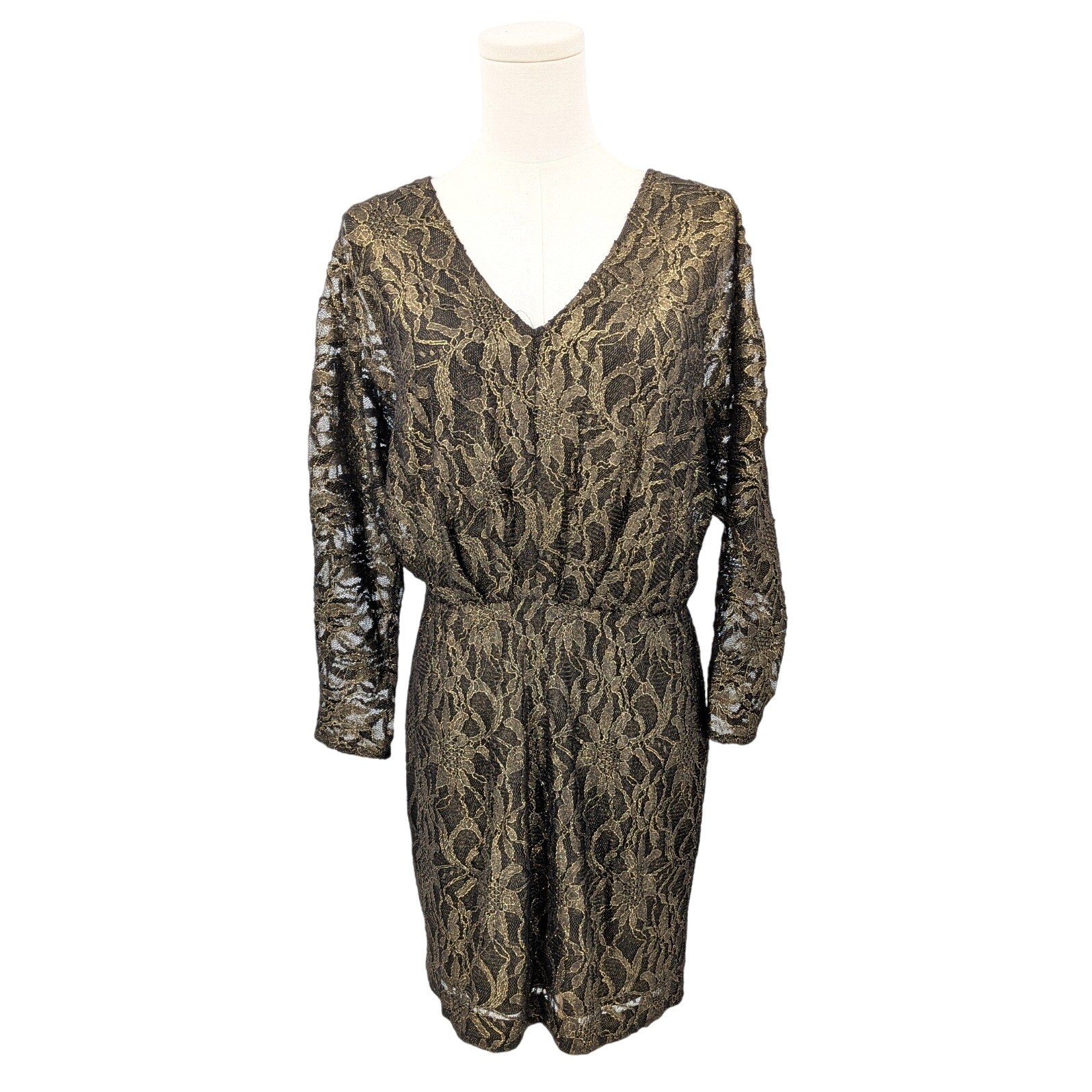 Trina Turk Women’s Metallic Lace Dress Black Gold V-Neck Cocktail Party Size 4