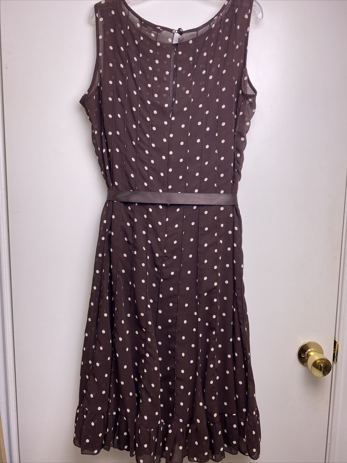 Brown White Polka Dot Sheer Lined Sleeveless Ruffle Dress Sz 12 Pretty Woman