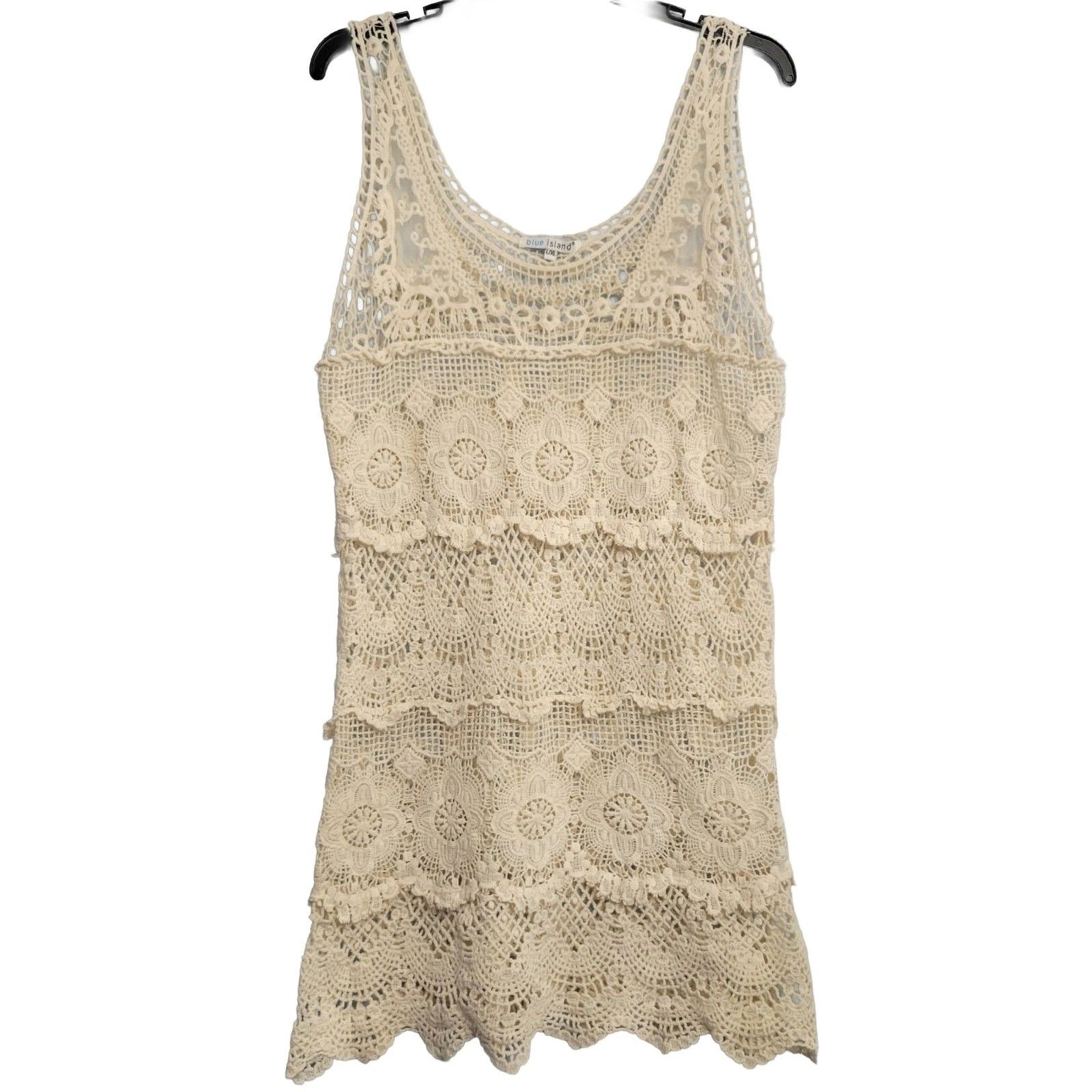 Ecru Crochet Tunic Mini Dress LG Tiered Festival Beach Cover Boho Festival Y2K