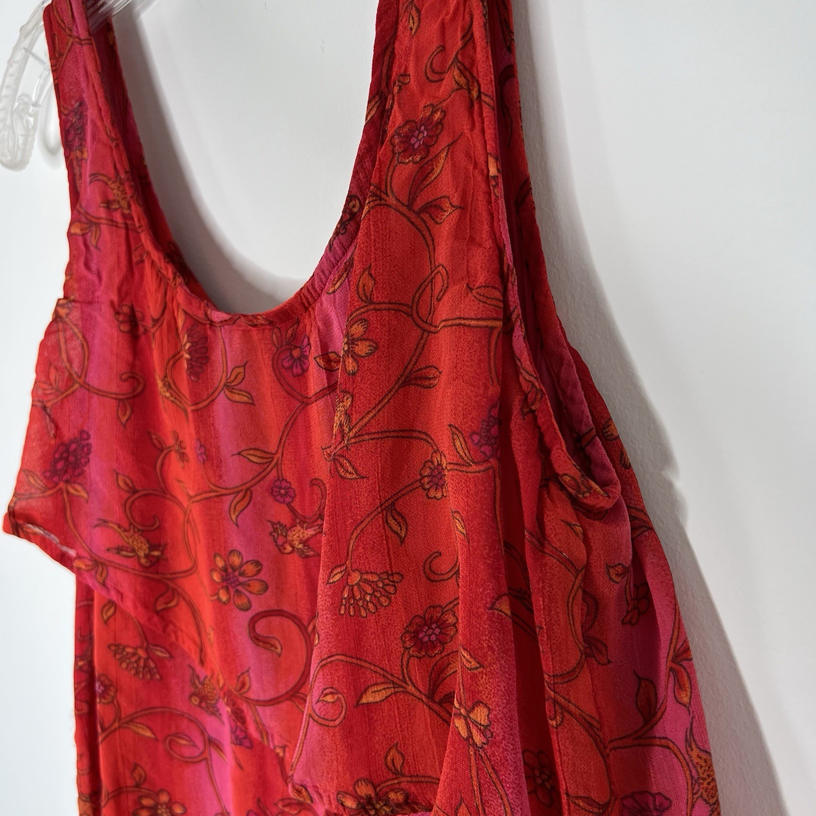 Sacred Threads Dress Womens M/L Red Chiffon Floral Boho Layered Festival India