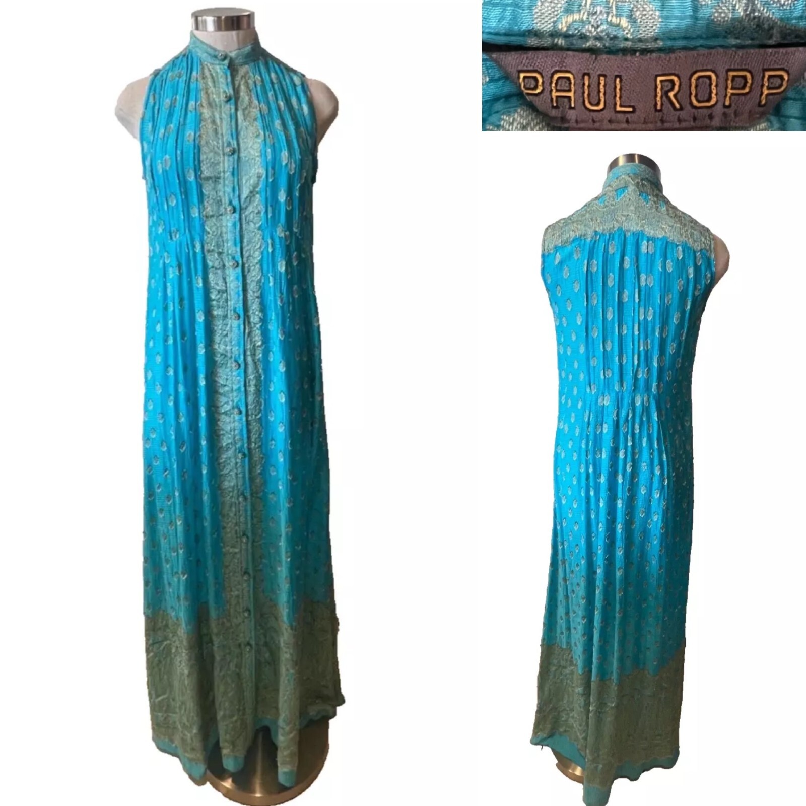 PAUL ROPP Pink/Gold/Black Fine Cotton Jacquard S/Less Kaftan Midi Dress One Size