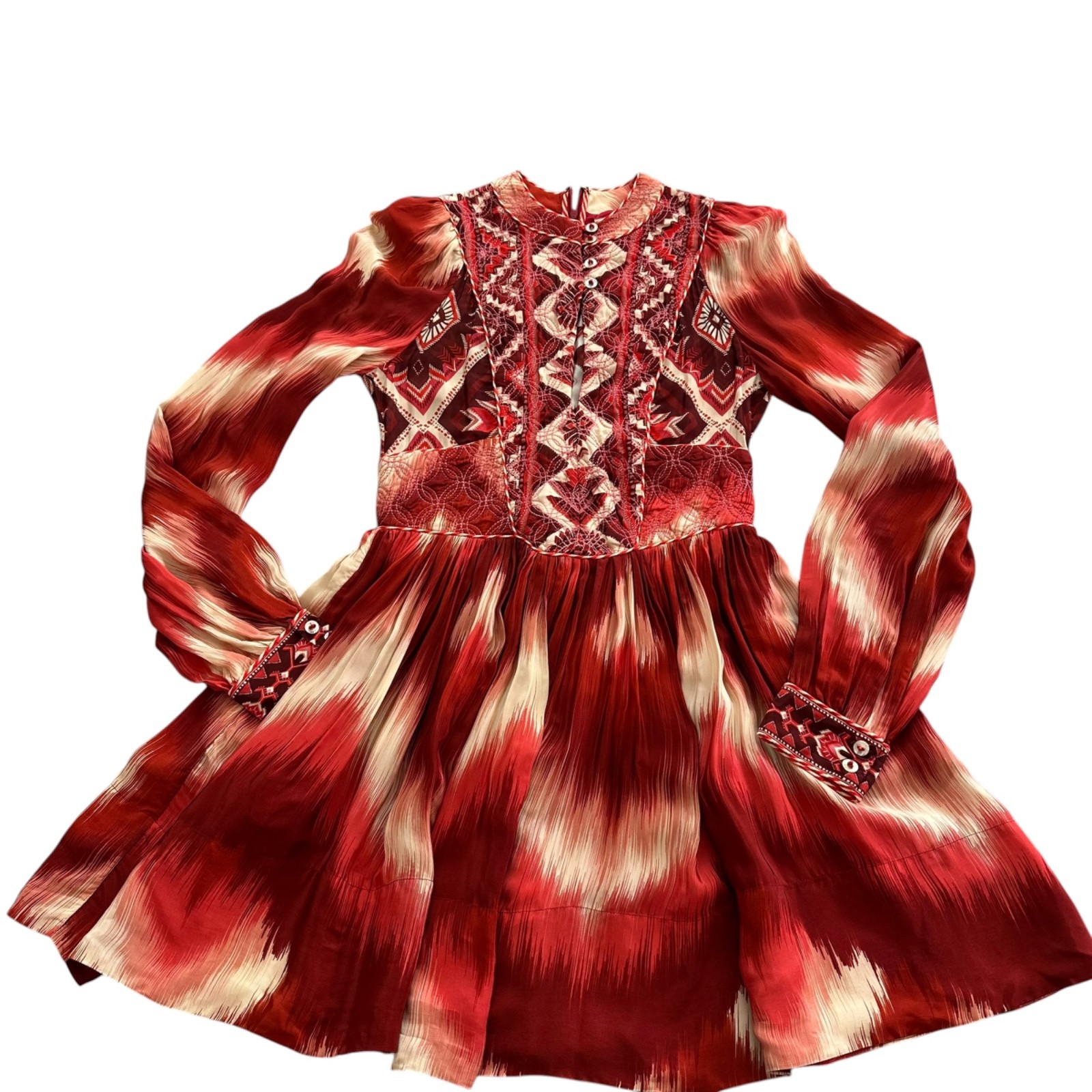 Farm Rio Ikat Boho Quilted Embroidery Puff Sleeve Mini Dress Size S Festival 70s