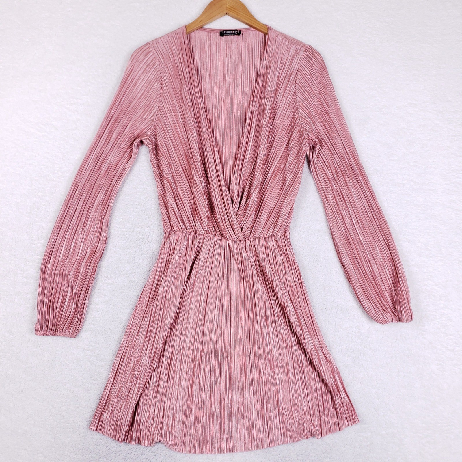 Fashion Nova Pleated Plunge Dress Womens L Pink Long Sleeve Metallic Mini Party