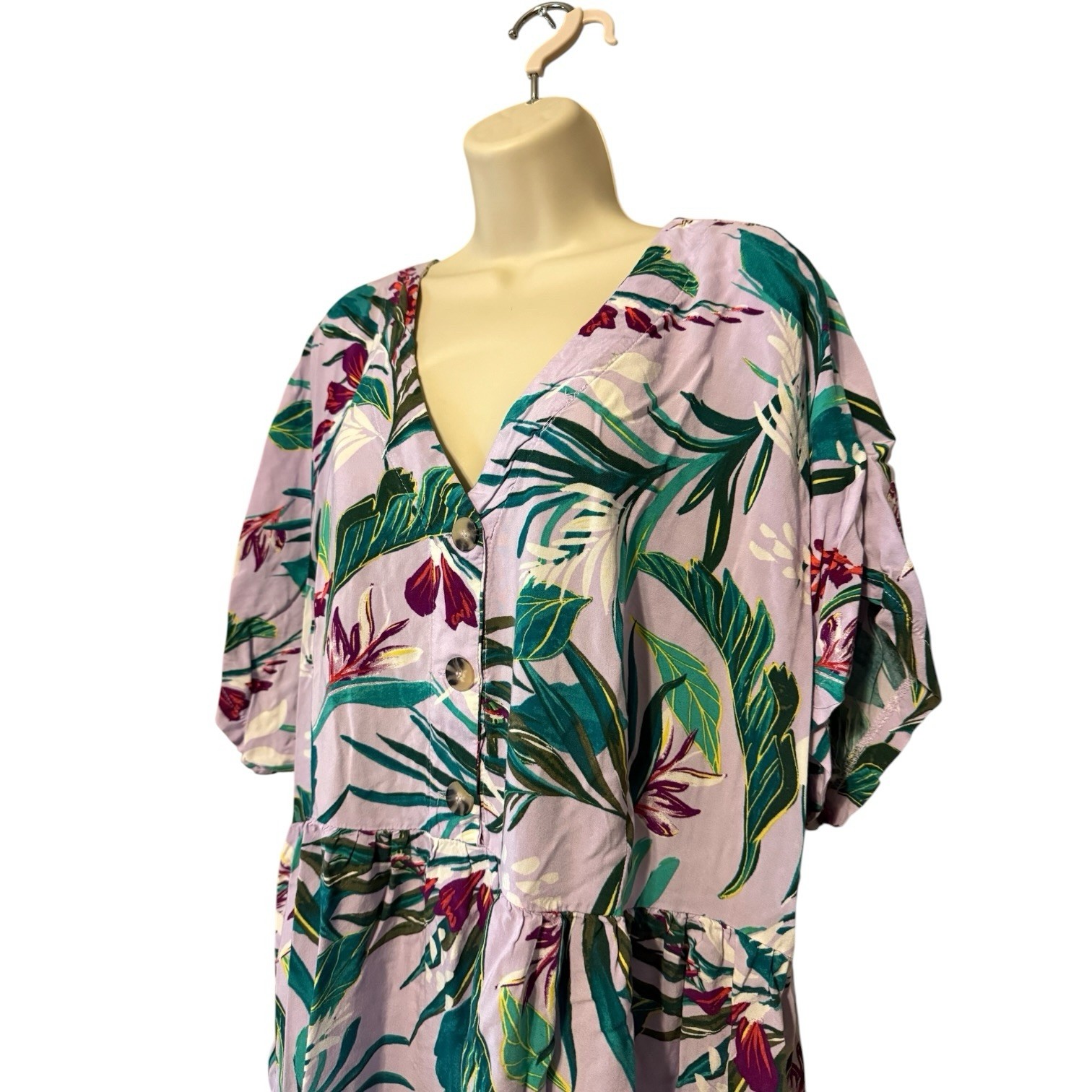 Terra & Sky 3X Tropical Floral Rayon Midi Dress Plus Size 24W-26W Button Front
