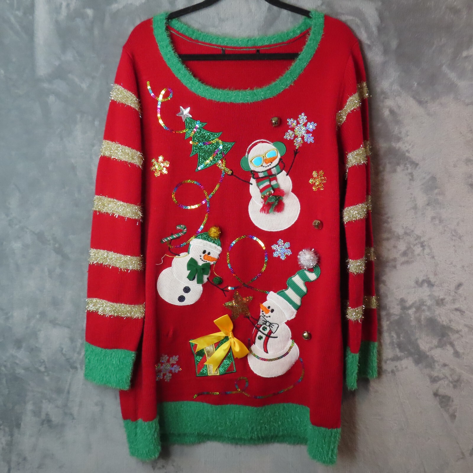FASHION AVE KNITS Sweater Dress Womens XXL Ugly Christmas Snowmen Sequins Bells