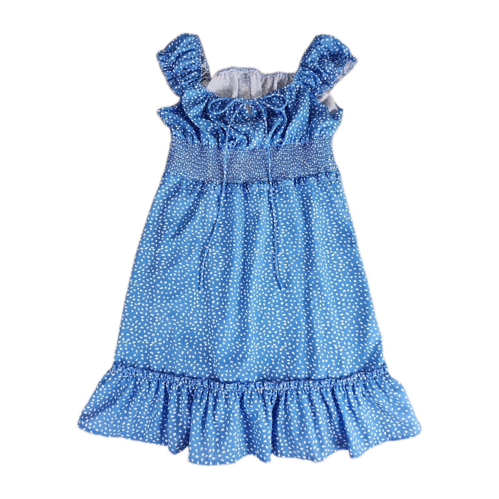 Milkmaid Style Blue Floral Smocked Mini Dress Ruffle Cap Sleeve Medium Flirty