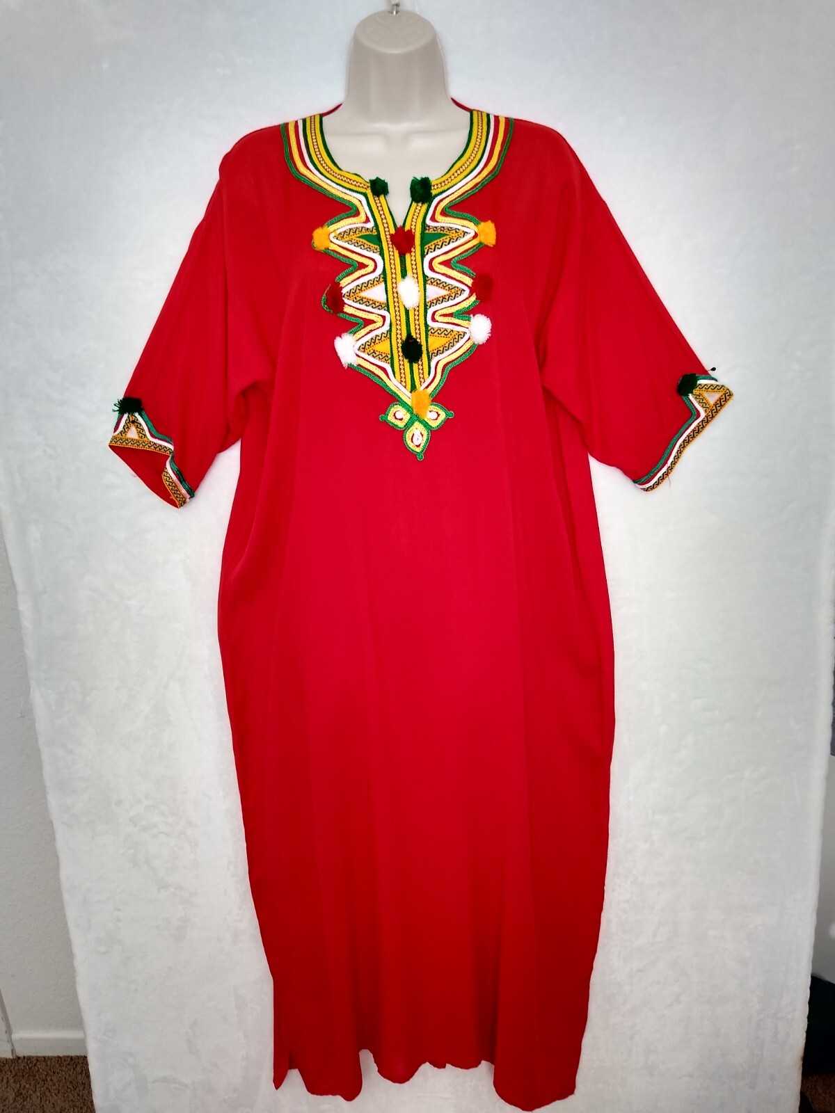 Moroccan Kaftan Gandoura Berber Clothes Handmade Dress Bohemian Red Ribbon Women