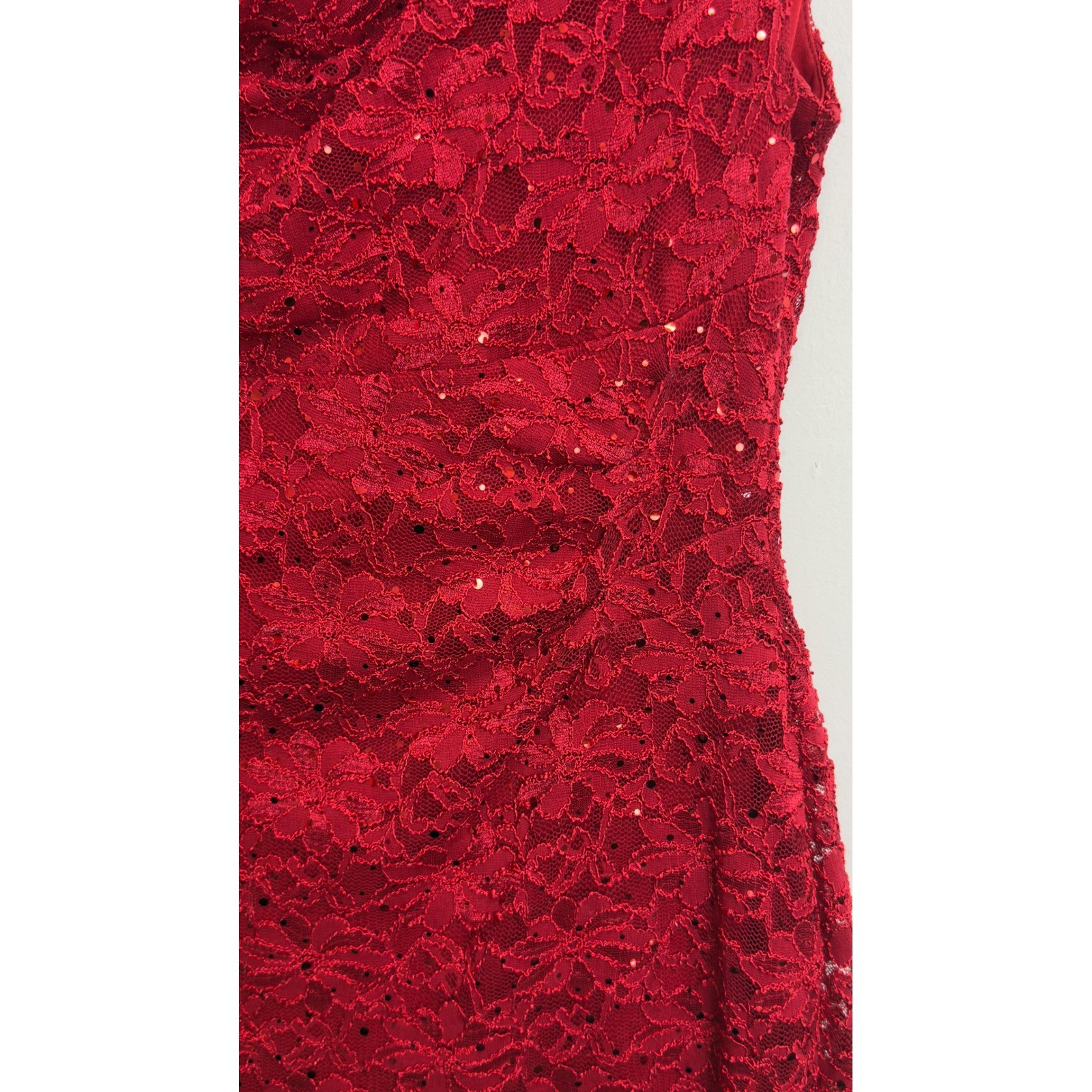Connected Apparel Red Lace Sequin Cowl Neck Ruched Sheath Dress Womens 14