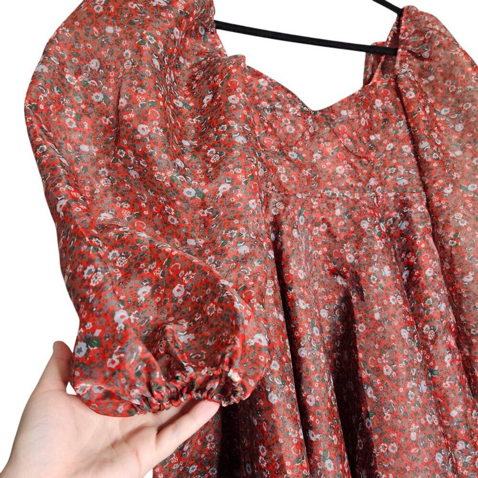 Selkie Princess Crimson Darling Red Floral Puff Sleeve Organza Mini Dress Size S