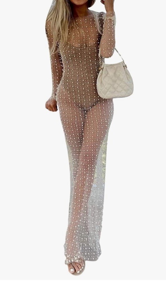 Apricot Mesh Pearl Rhinestone Sheer Coverup Dress Overlay Women’s Small