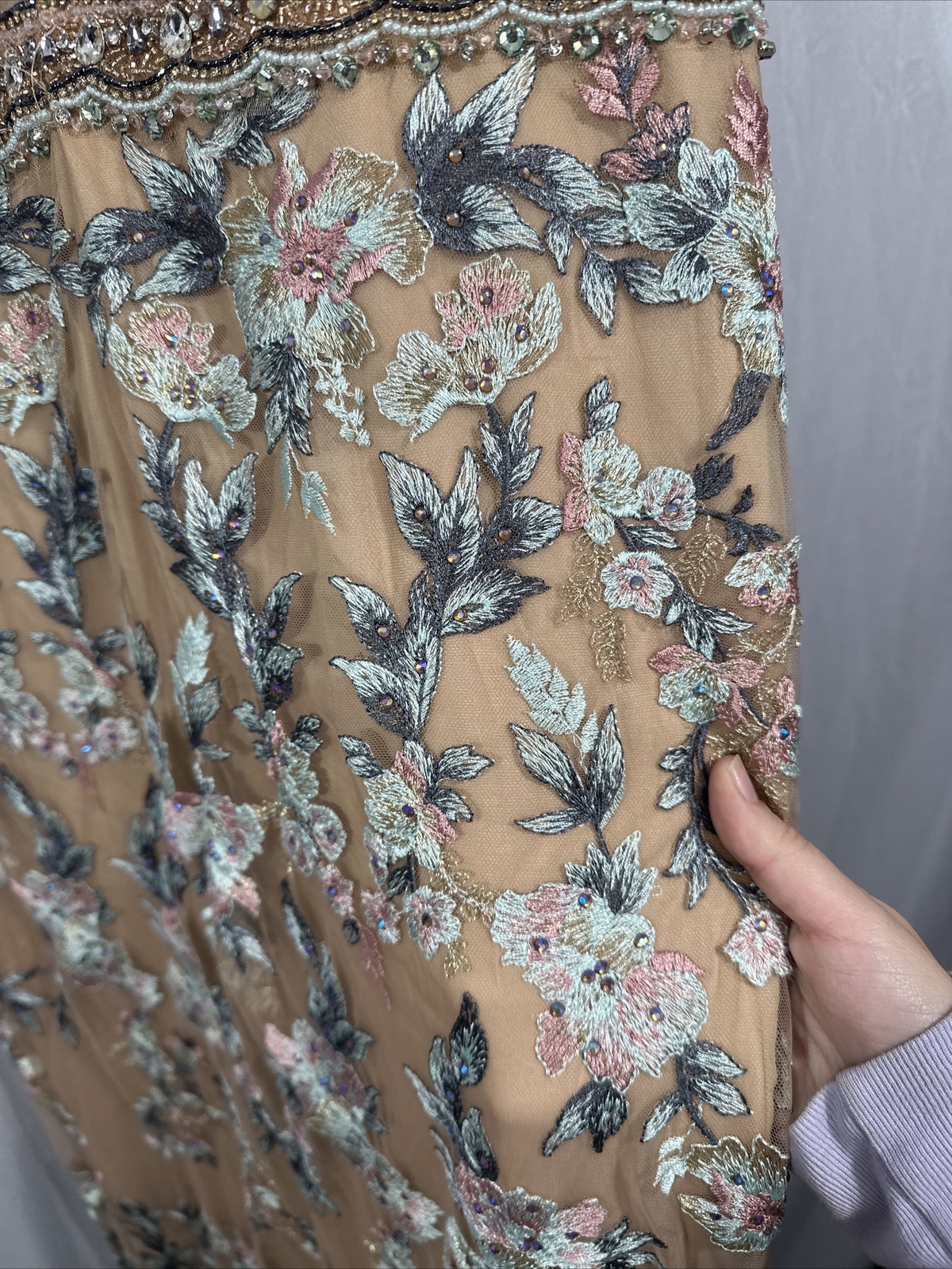NWT $798 Mac Duggal [ 14 ] Floral Embroidered Long Sleeve Trumpet Gown Nude Q624