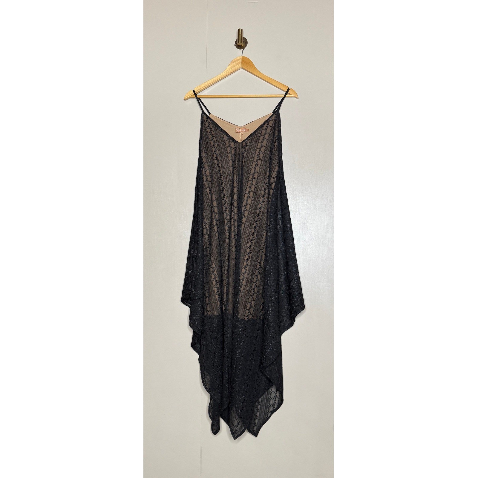 Bronte NWT Black Embroidered Mesh Handkerchief Hem Tunic Dress Boho S