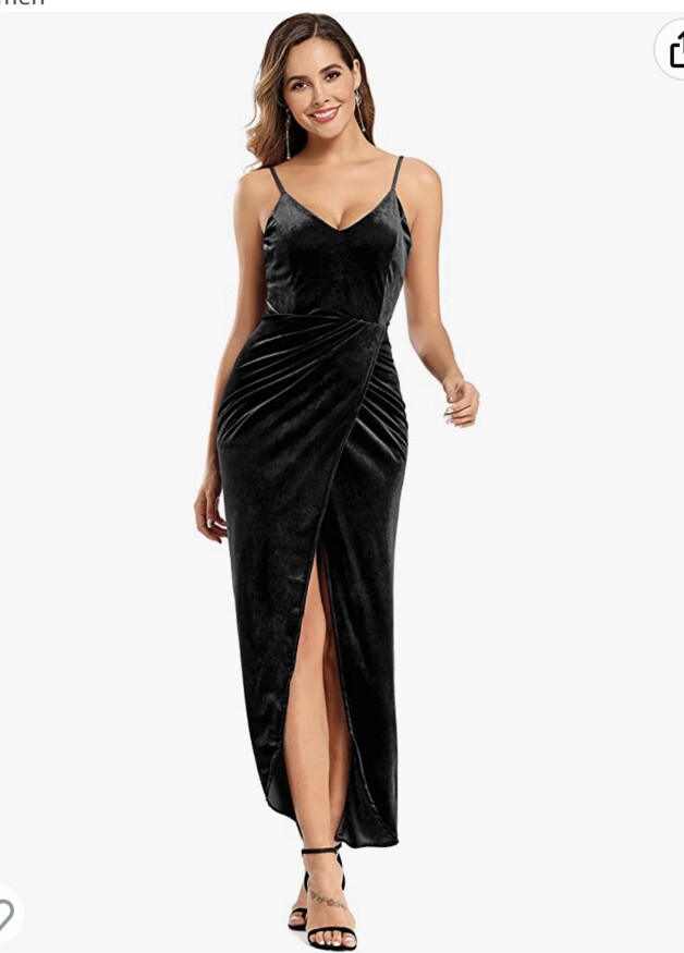 Ababalaya Size L Black Velvet Party Dress Maxi Slit Spaghetti Strap