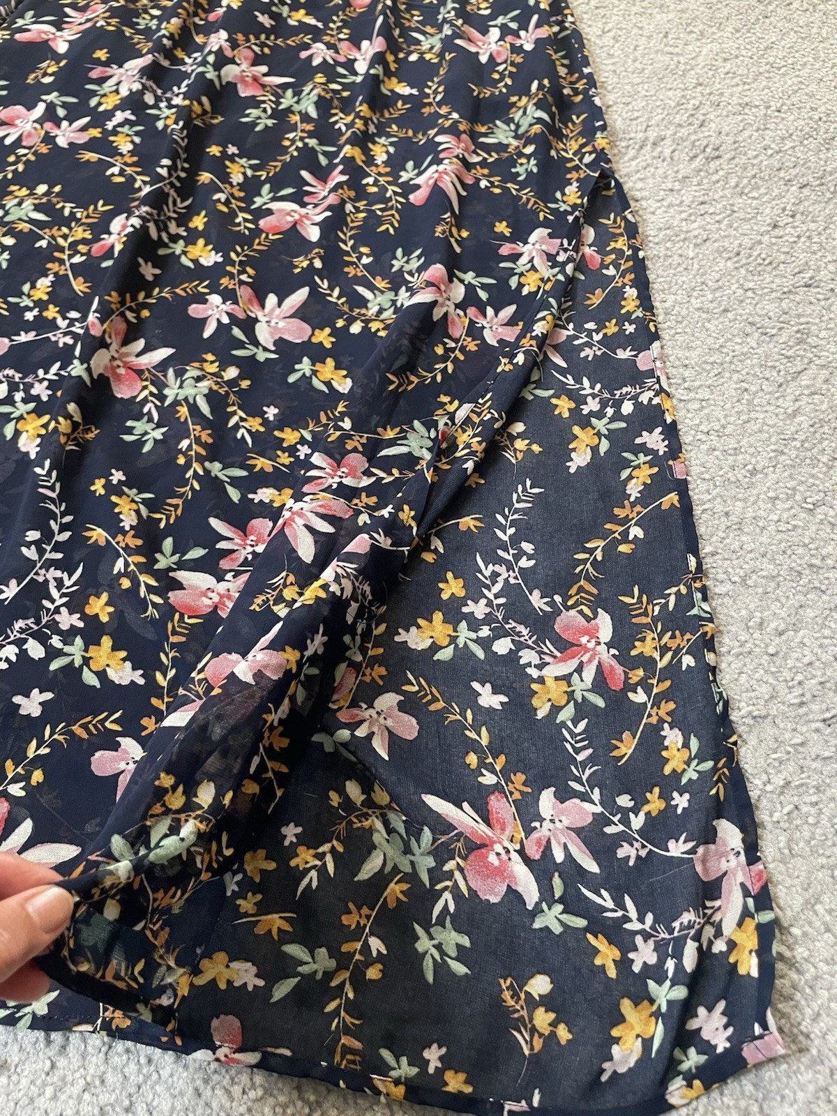 Off The Shoulder Floral Maxi Dress Sz L Navy Gold Elastic Waist Prairie Beach