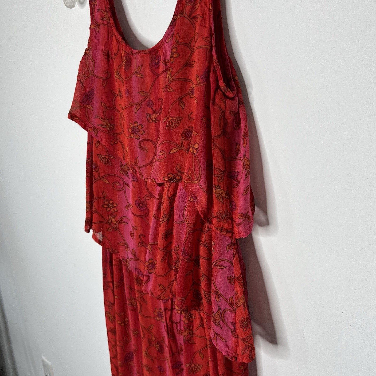 Sacred Threads Dress Womens M/L Red Chiffon Floral Boho Layered Festival India