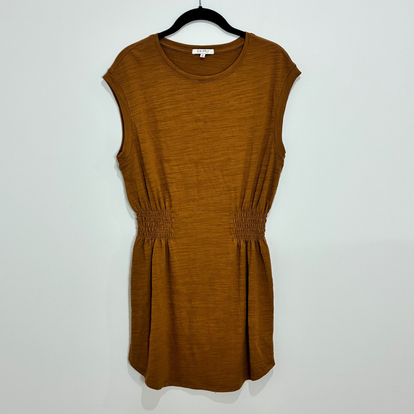 Z Supply Mini Dress Smocked Waist Slub Jersey Mustard Brown Boho 90s Small