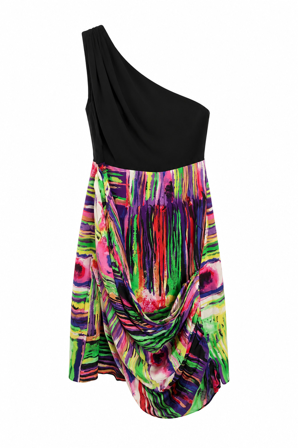 Alice Olivia Breanna One Shoulder Silk Dress Black Pink Abstract UK 6 UK8