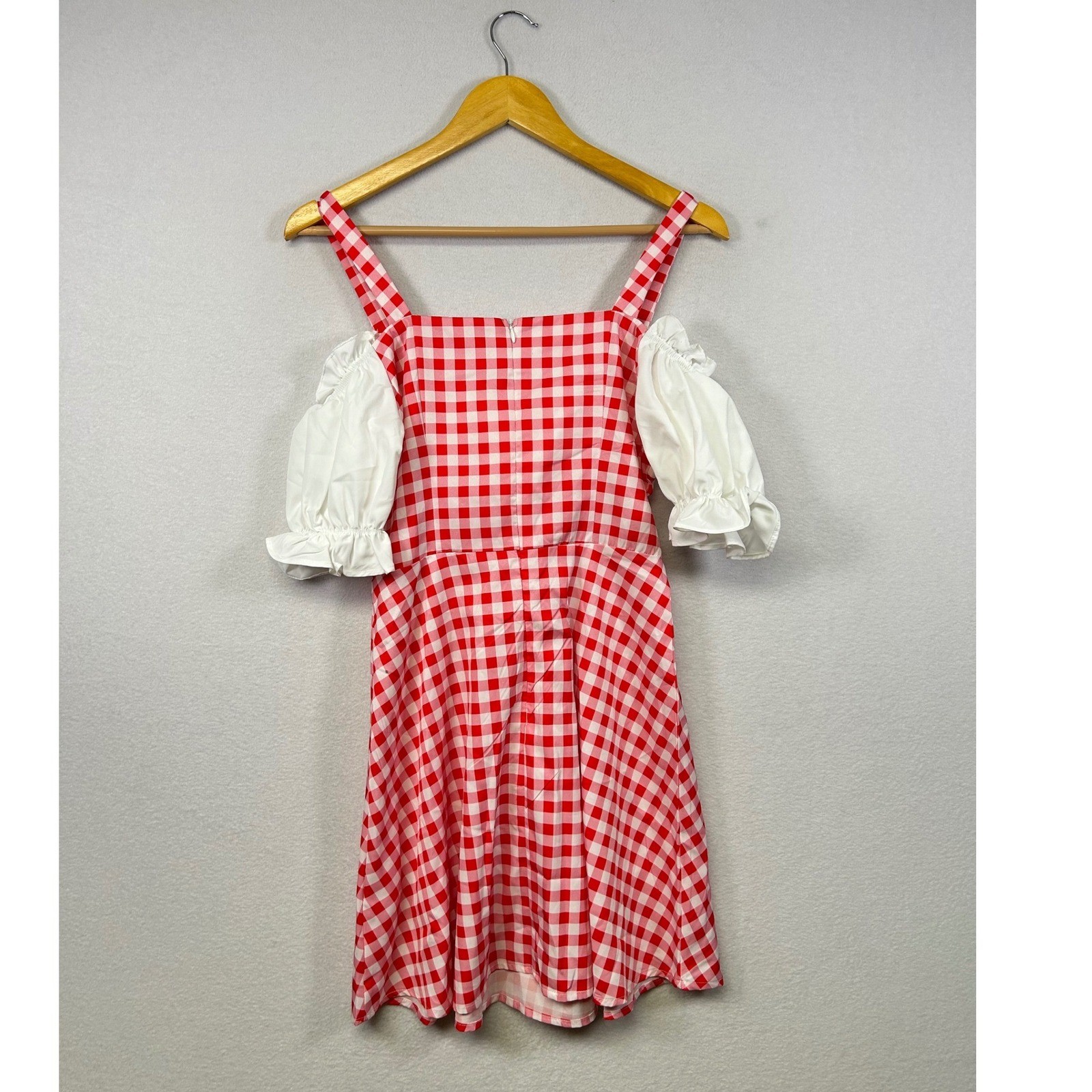 Mod Red Gingham Off Shoulder Lace Up Puff Sleeve Dress Size S NWT
