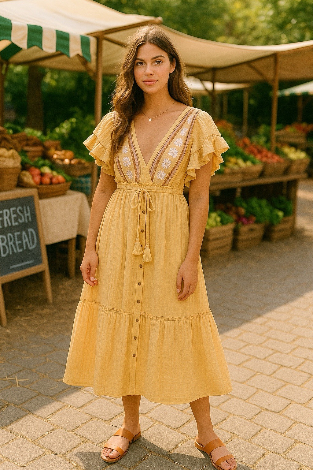 Free People Women’s Floral Embroidered Tassel V-Neck Midi Dress Yellow Size XS