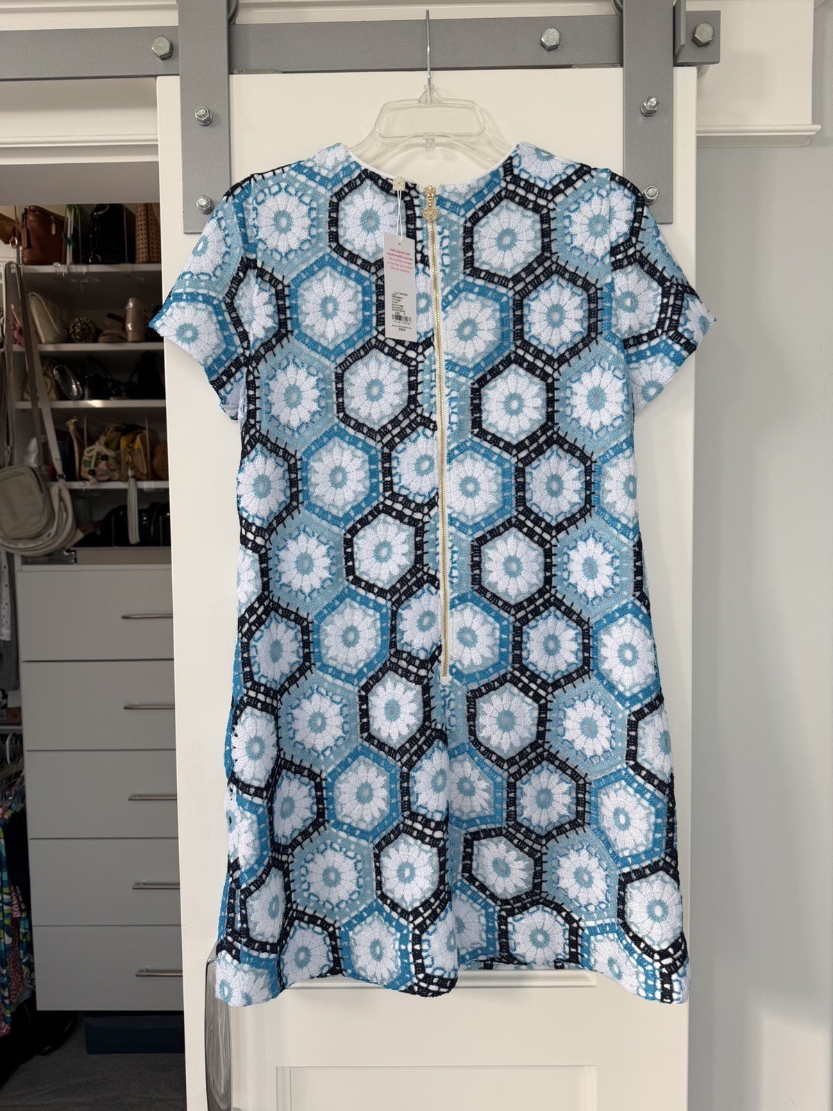 Lilly Pulitzer NWT Leyla Crochet Shift Dress Blue Daisy Hex, Women, Size 6