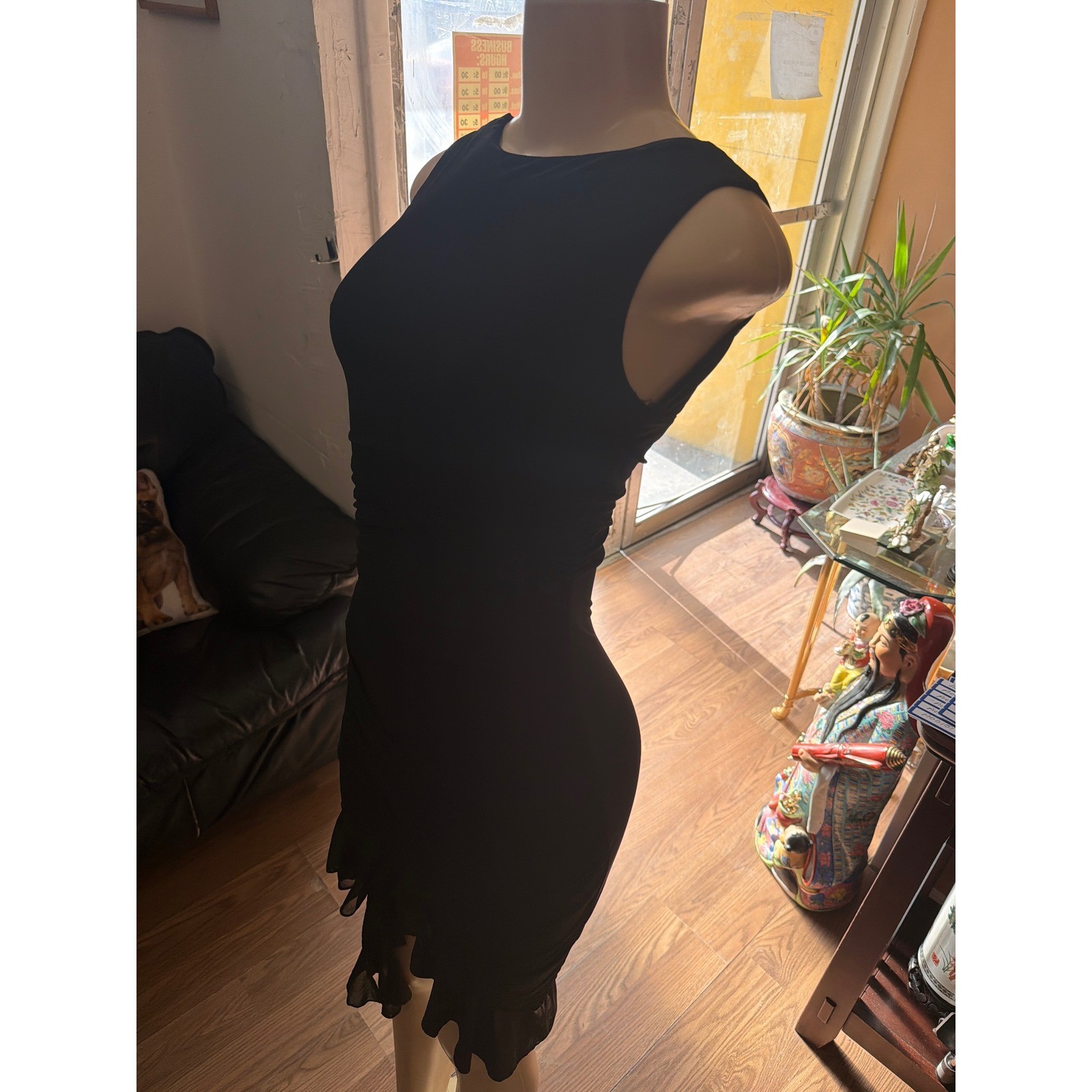 Black Sleeveless Ruched Bodycon Dress with Ruffle Mesh Hem Low Back Cocktail