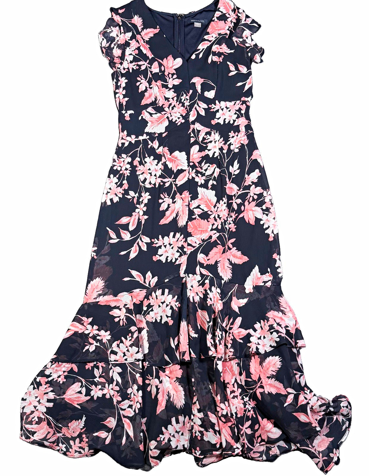 Tommy Hilfiger Floral Chiffon Midi Dress Size 2 High Low Ruffle Flutter Sleeve
