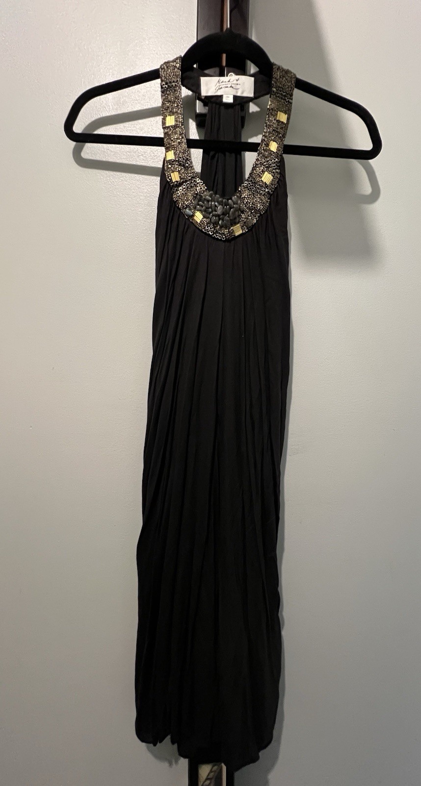 Badgley Mischka Solid Black Beaded Pleated Halter Maxi Dress XS Viscose