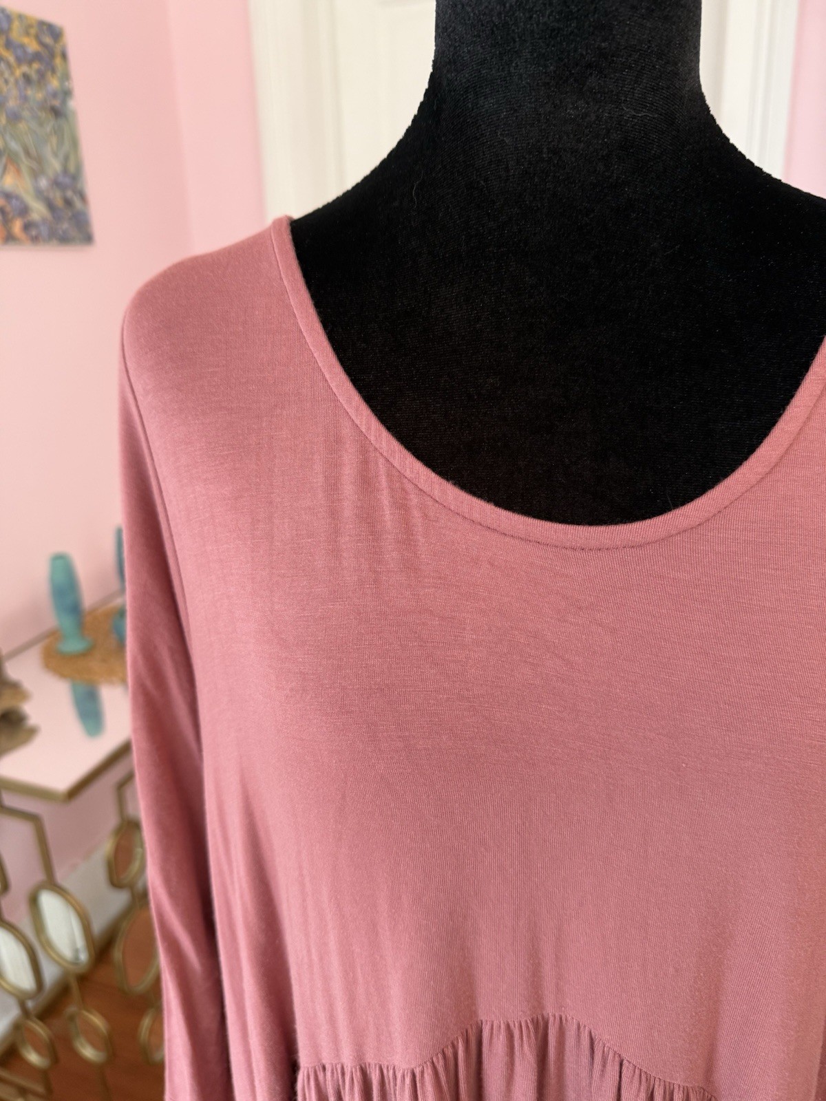 Agnes & Dora Pink Solid Knit A-Line Dress Scoop Neck 3/4 Sleeve Midi L