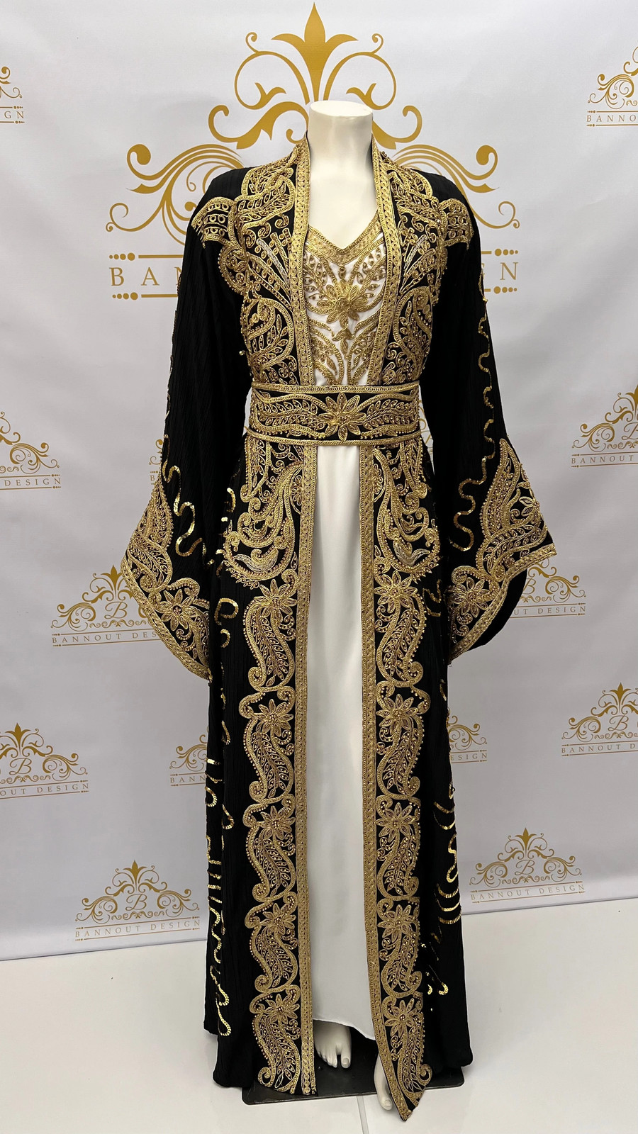 Kaftan Caftan Abaya Dress Golden Embroidery & Beads Paisley Design Long Sleeve