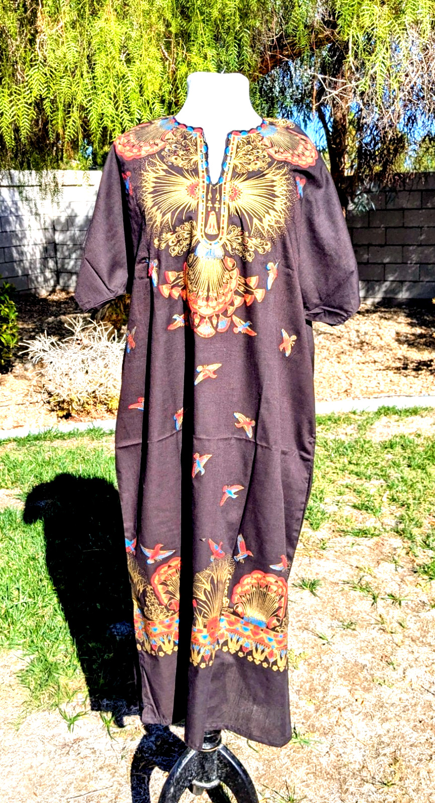 Retro Kaftan Black/Gold Goddess Cleopatra Ankh Birds Graphic Print Cotton Dress