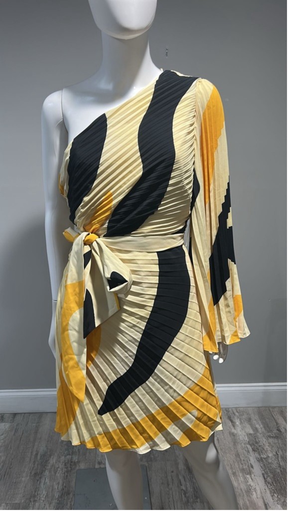 Milly One Shoulder Linden Zebra Pleated Mini Dress Size 8 Beige Yellow Black