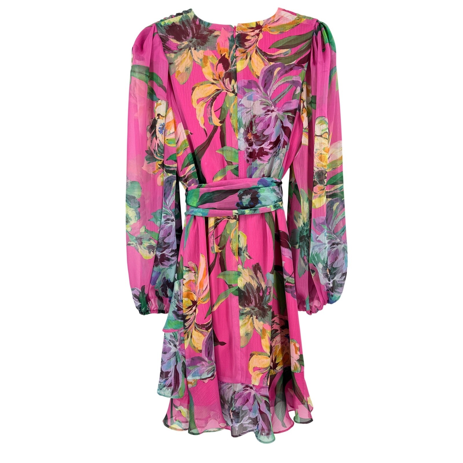 Alex Marie Laurel Chiffon Floral Wrap Dress Pink Fandango Womens Size 4 Belted
