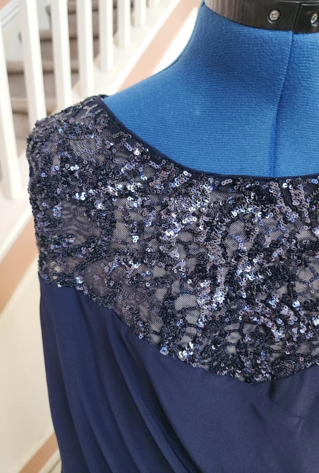 NWT RALPH LAUREN Blue Sequin Round Neck Side Gathered Sleeveless Dress 22W $165